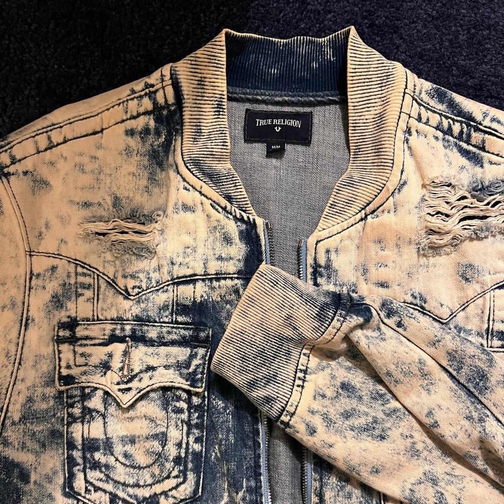 True Religion Men Medium Denim Jimmy Jacket Distressed White Tide Wash